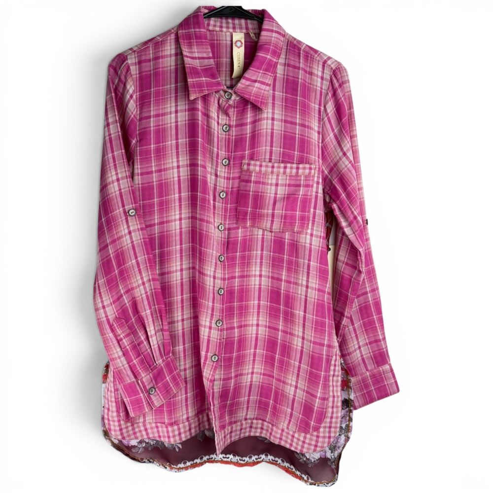 cyrena plaid floral scarf patchwork tunic shacket boho cottagecore women small - Picture 2 of 10